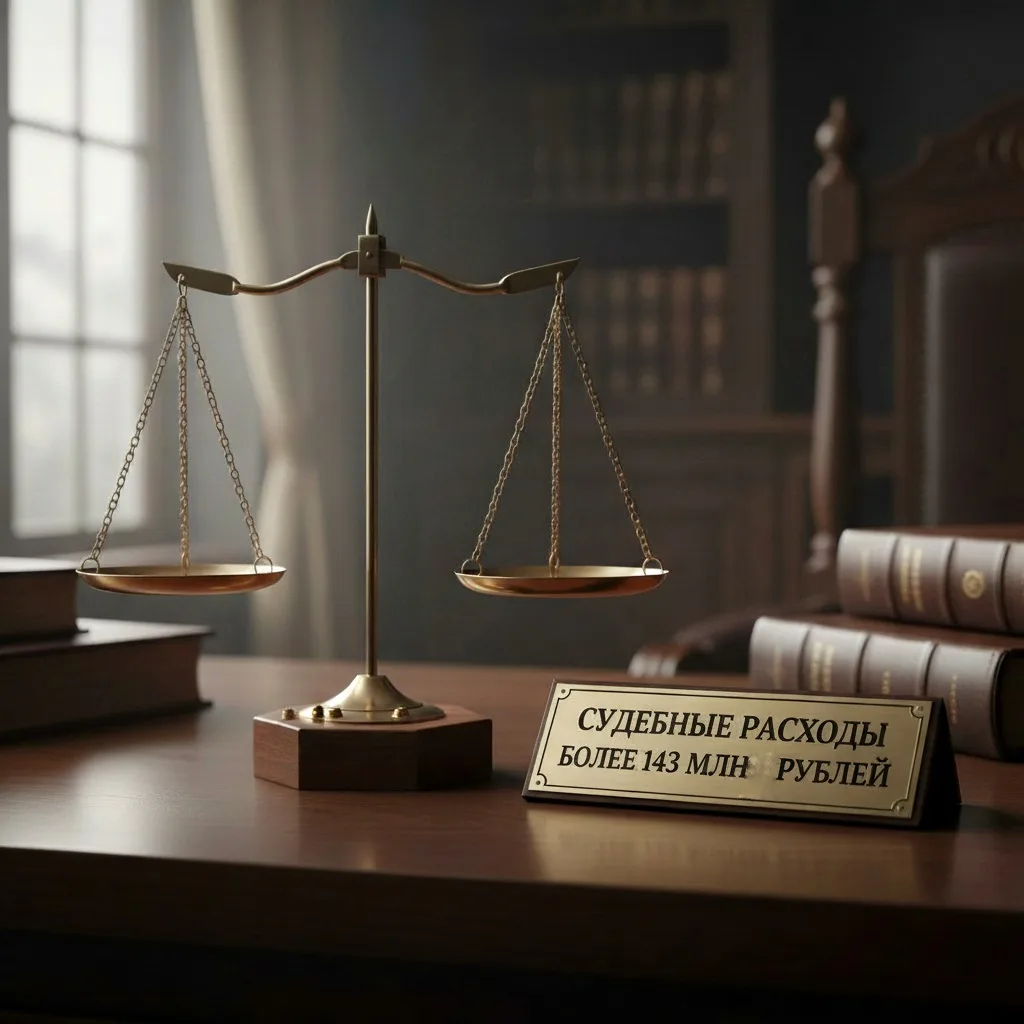 На изображении показан стол с весами правосудия и табличкой. На табличке надпись "судебные расходы более 143 млн рублей". На заднем плане видны книги и окно с занавеской.